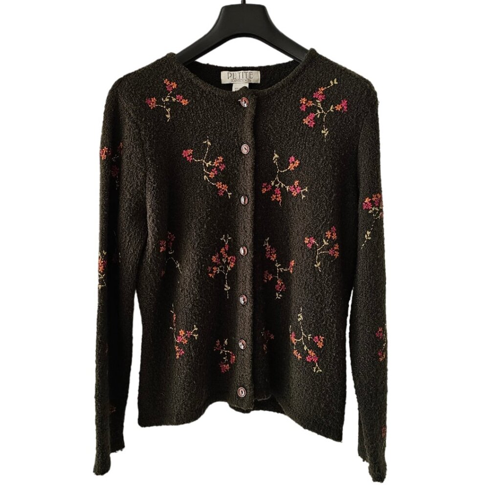 Petite Sophisticate Embroidered & Beaded Flower Bouclè Cardigan | EUC | MP | GRN